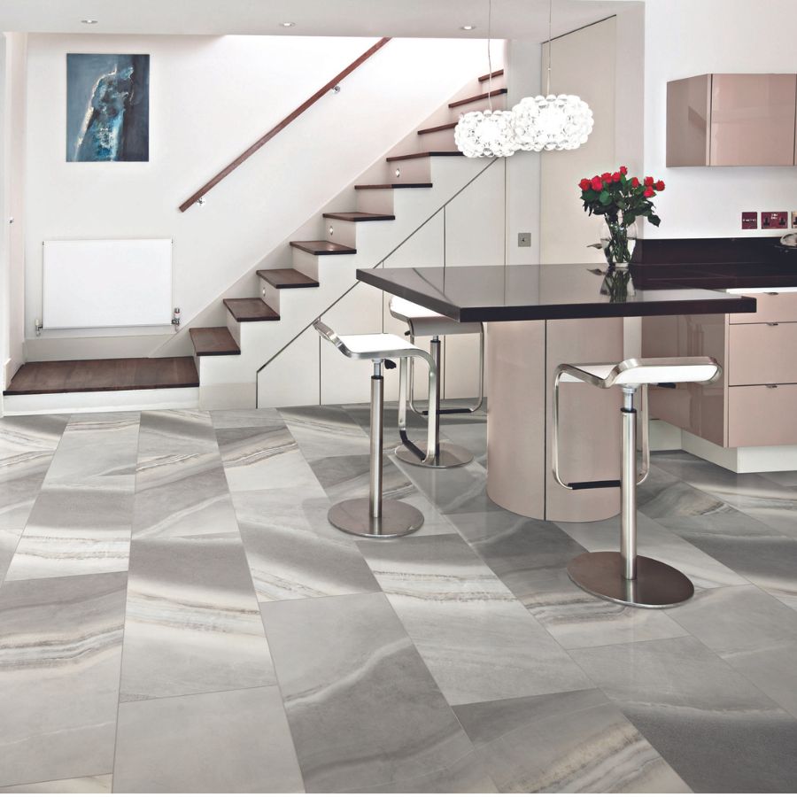 grey stone tile flooring in a kitchen