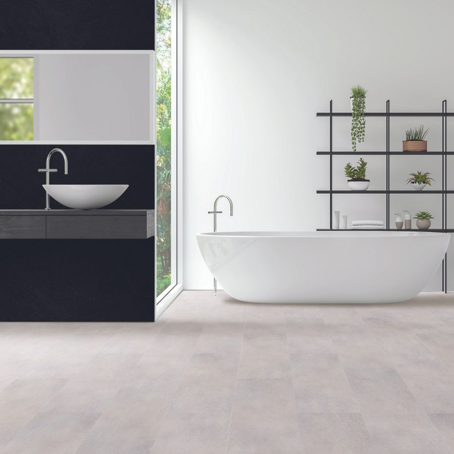 grey tile flooring in a bright Sherman Oaks bathroom